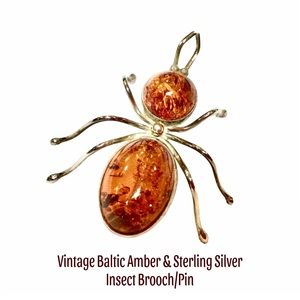 Vintage Sterling Silver & Baltic Amber Insect Spider Bug Brooch Pin 2.75” NWOT